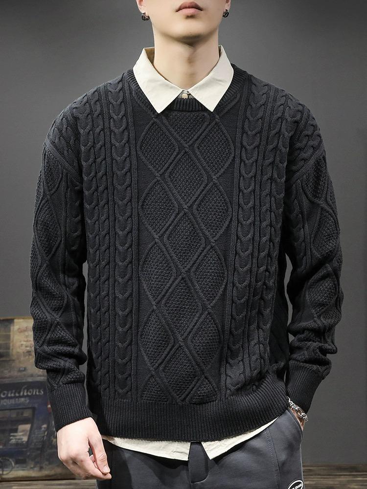 

Мужской ретро свитер крупной вязки с круглым вырезом и свободного кроя – Большой размер, однотонный, на осень/зиму 2XL