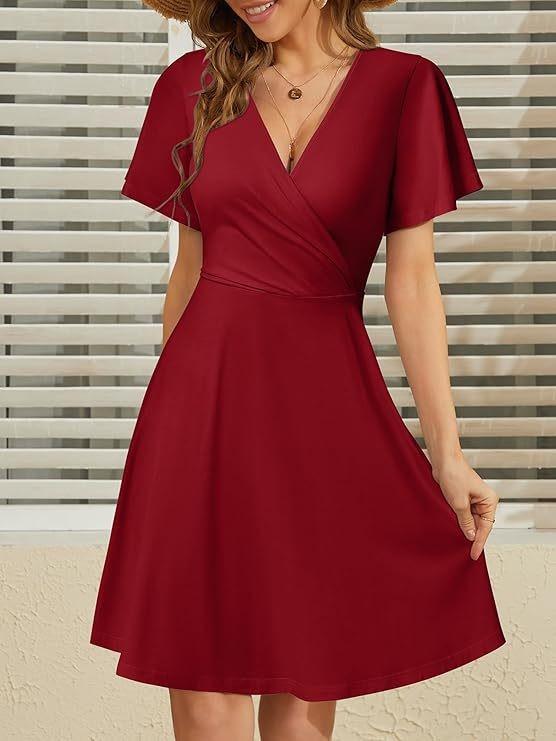 Women's Floral V-Neck A-Line Wrap Dress - Short Sleeve, Elegant & Stylish