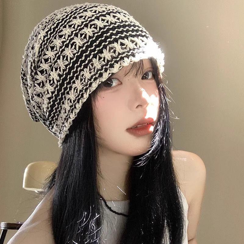 Women's Flower Hollow Slouchy 3D Hat Spring and Summer Thin Korean Style Breathable Large Head Fashionable Head-Wrapping Hat