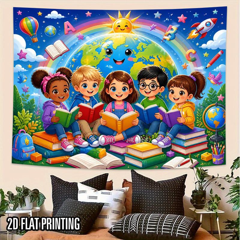 2D Flat - 2D Flat - 2D Flat Print 1pc Tapestry Reading Around The Globe Wall Hanging Cultural Background Decoration Background Photo Props, Polyester