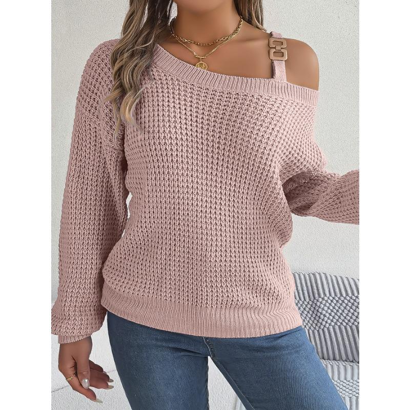 VEZFAA Women's Fashion Casual Fall Winter Solid Color Print Long Sleeve Oblique Collar Sweaters
