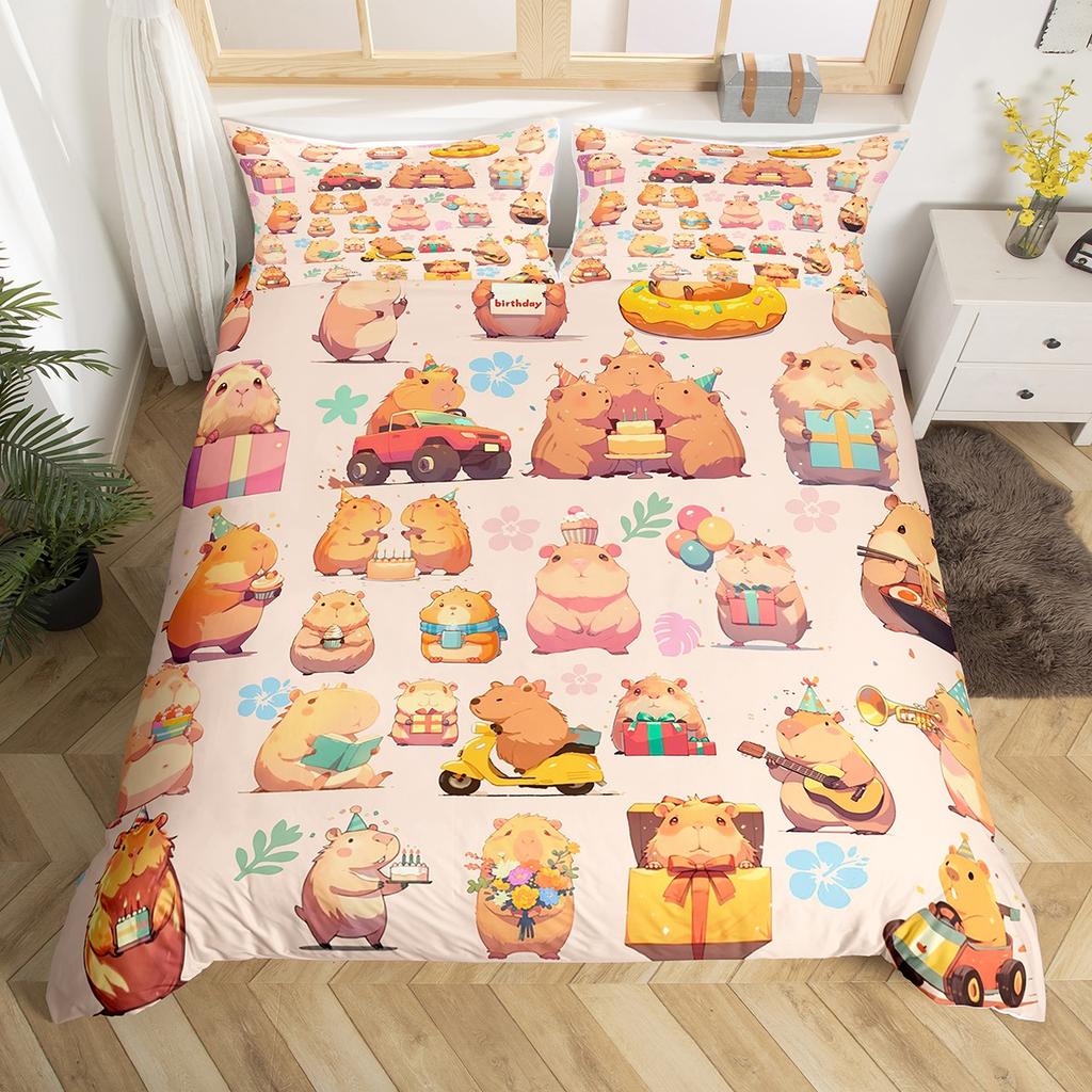 Homewish Cartoon Capybara Teens Duvet Cover SetLotus Flower Floral Bedding SetKawaii Orange Watermelon Bed Set