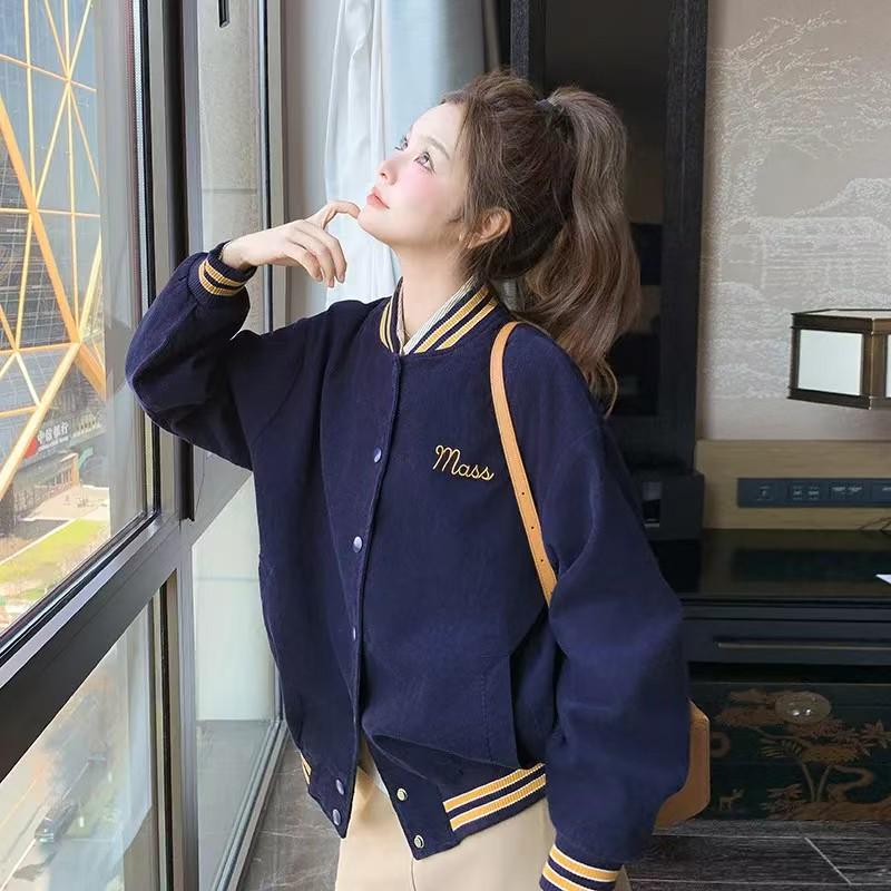 Dark Blue Korean-Style Women's Academic Baseball Jacket - Spring Short Coat