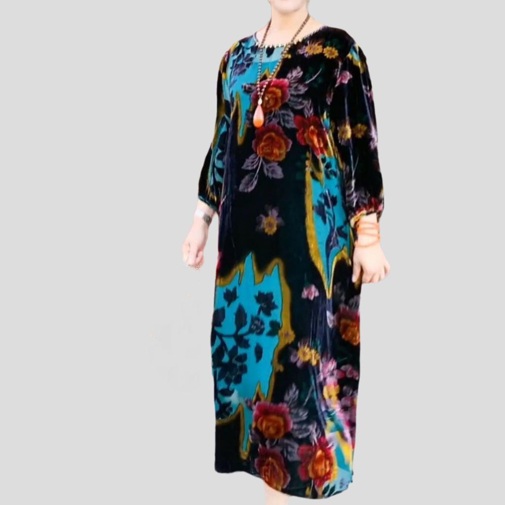 Frühling/Sommer Damen Übergröße Kleid Vintage Bedrucktes Samtkleid Lockerer Rundhalsausschnitt Langes Blumenkleid