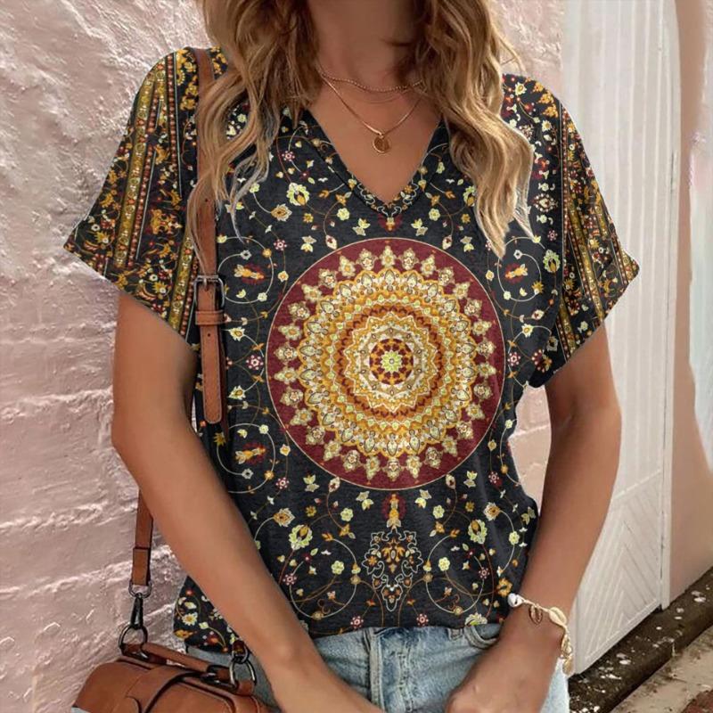 Casual Bohemian Print Women's Short Sleeve V-Neck Top T-Shirt