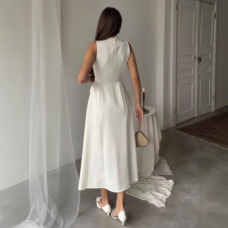 Women's Sleeveless Waistband Pearl Button Slimming Slit Work Dress