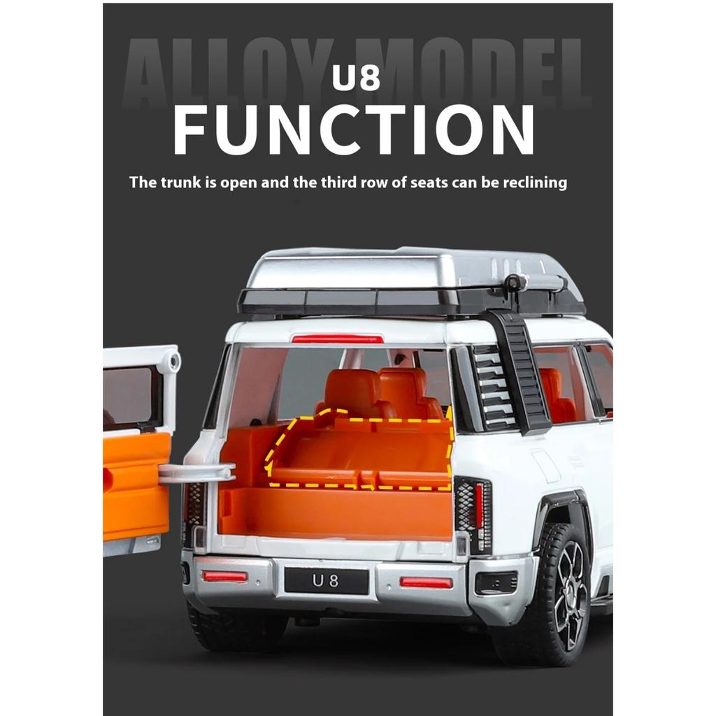 Maßstab 1/24 BYD LOOK UPAT U8 Offroad-Version Legierung SUV Diecast-Modell Sound & Licht Rückziehspielzeug Trendiges Ausstellungsornament Geschenk für Kinder