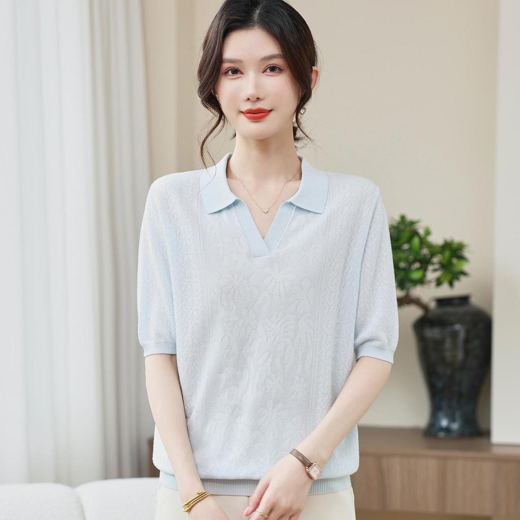 Young Mother’s Summer Ice Silk Jacquard Knit Top - 2026 New Short-Sleeved T-Shirt for Mother’s Day