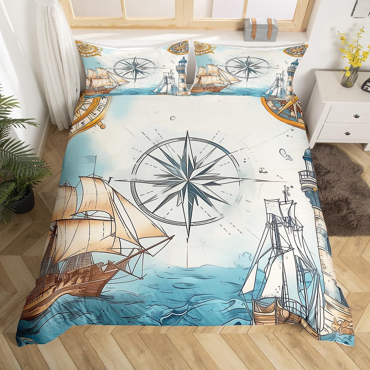 

Anchor Beding Set Nautical Sailboat Soft Duvet Cover Wod Board Design Patern Warm Comforter Cover for Young Boys Ocean Theme Comfortable Quilt Cover 100*200cm Single