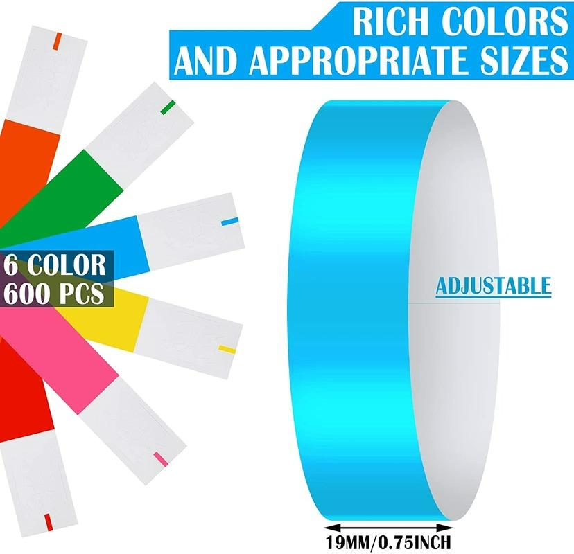 600 Counts Paper Wristbands Neon Wrist Bands Waterproof Hand Bands for Events Concert Neon Colored Adhesive Wristbands for Party