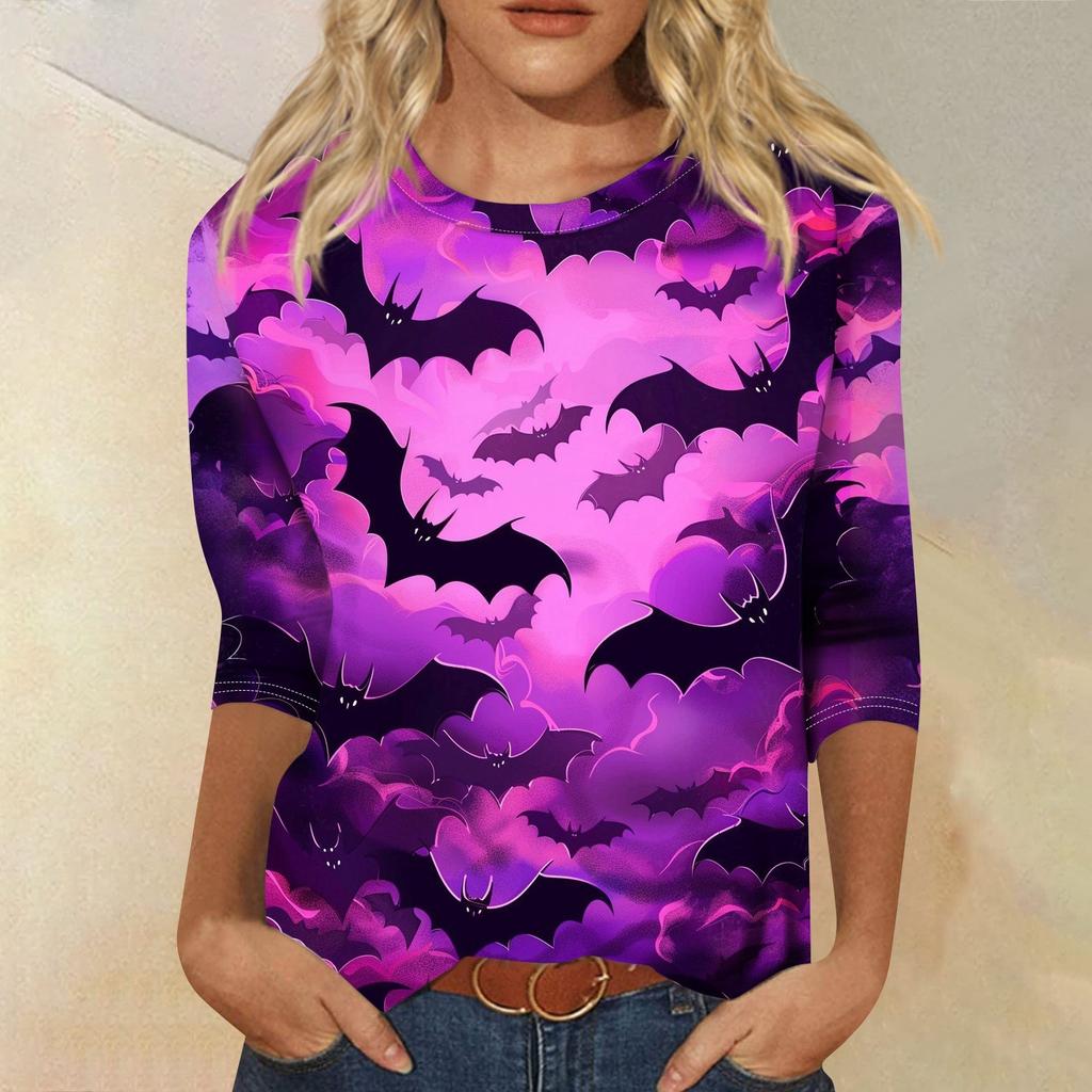 Women's Fashion Casual Three-quarter Sleeve Halloween Printed Round Neck Top
