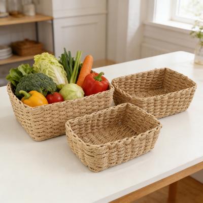 3er-Set gewebte Aufbewahrungskörbe aus natürlichem Rattan und Papierseil, stapelbar, quadratisch, offenes Design, für Küche, Schlafzimmer, Wohnzimmer, Badezimmer, Aufbewahrungsorganisatoren, Haushaltsorganisation