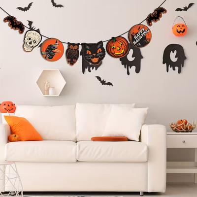 Vintage Halloween Garland Decorations Spooky Wooden Pumpkin Skull Owl Witch Bat Hanging Bunting Banner for Party Home Wall Decor