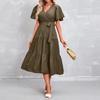 Women’s Short Sleeve V Neck Wrap Midi Dress with Adjustable Waist Tie and Flowing Skirt for Casual and Daily Wear