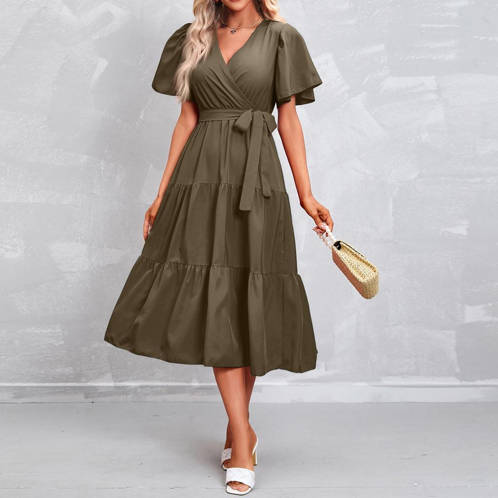 Women’s Short Sleeve V Neck Wrap Midi Dress with Adjustable Waist Tie and Flowing Skirt for Casual and Daily Wear