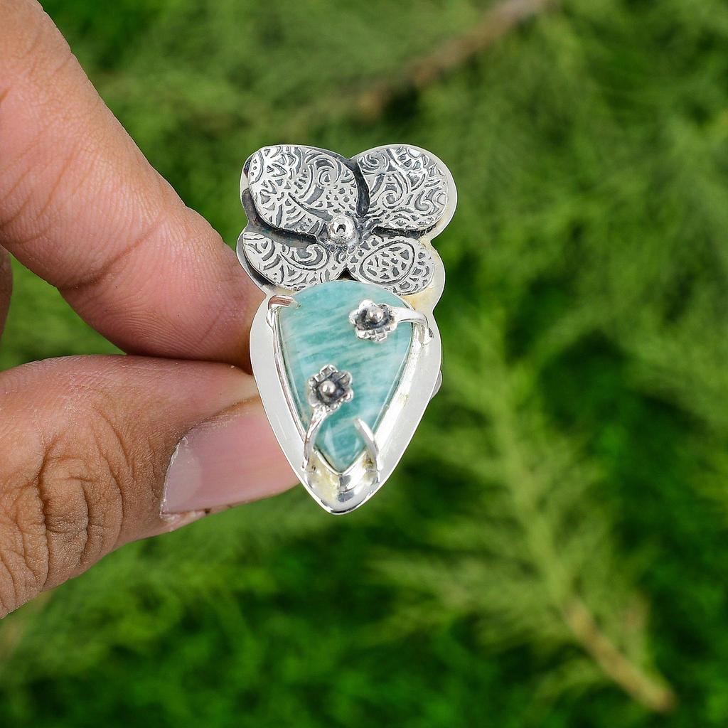 925 Silver Pear Amazonite Stone Wife Solitaire Flower Heart Chakra Ring Jewelry