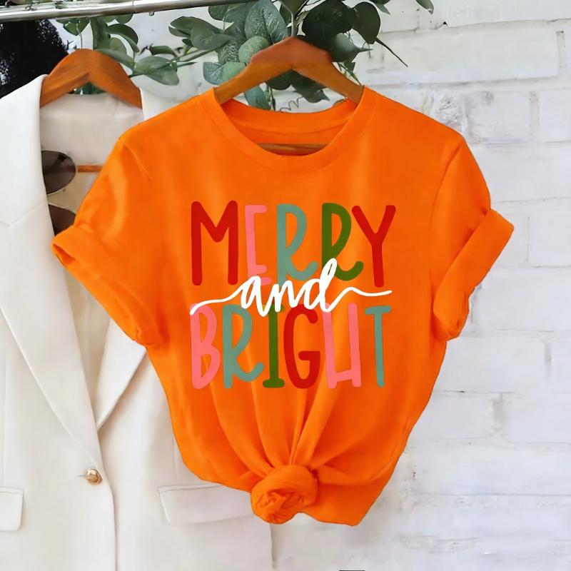 

Merry and Bright Letter Print TShirt Sleeve Crew Neck Casual with Red Green Holiday Design Aesthetic Clothes Unisex Tshirt S