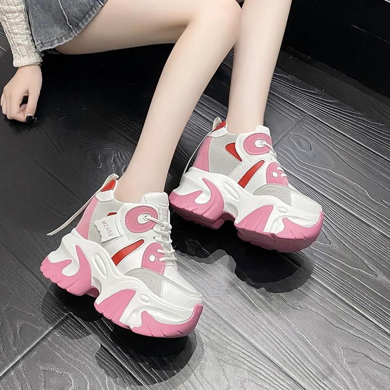 Fashion Women Walking Sneakers 2024 Autumn Lace-up High Platform Chunky Shoes Breathable Leather Shoes 10.5CM Wedge Heels Casual Shoes