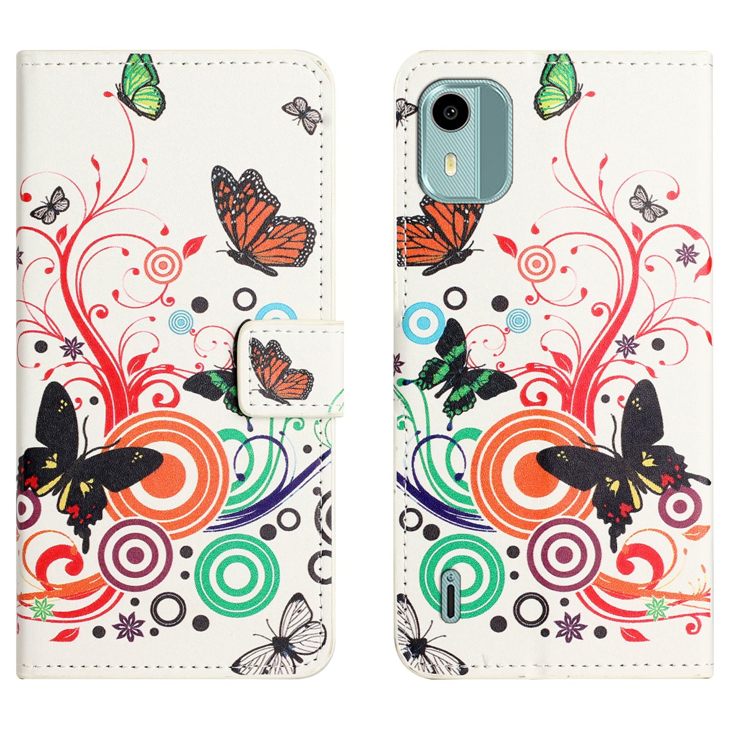 

For Nokia C12 4G/C12 Pro/C12 Plus Pattern Printing Phone Leather Case Stand Wallet Cover White/Butterflies