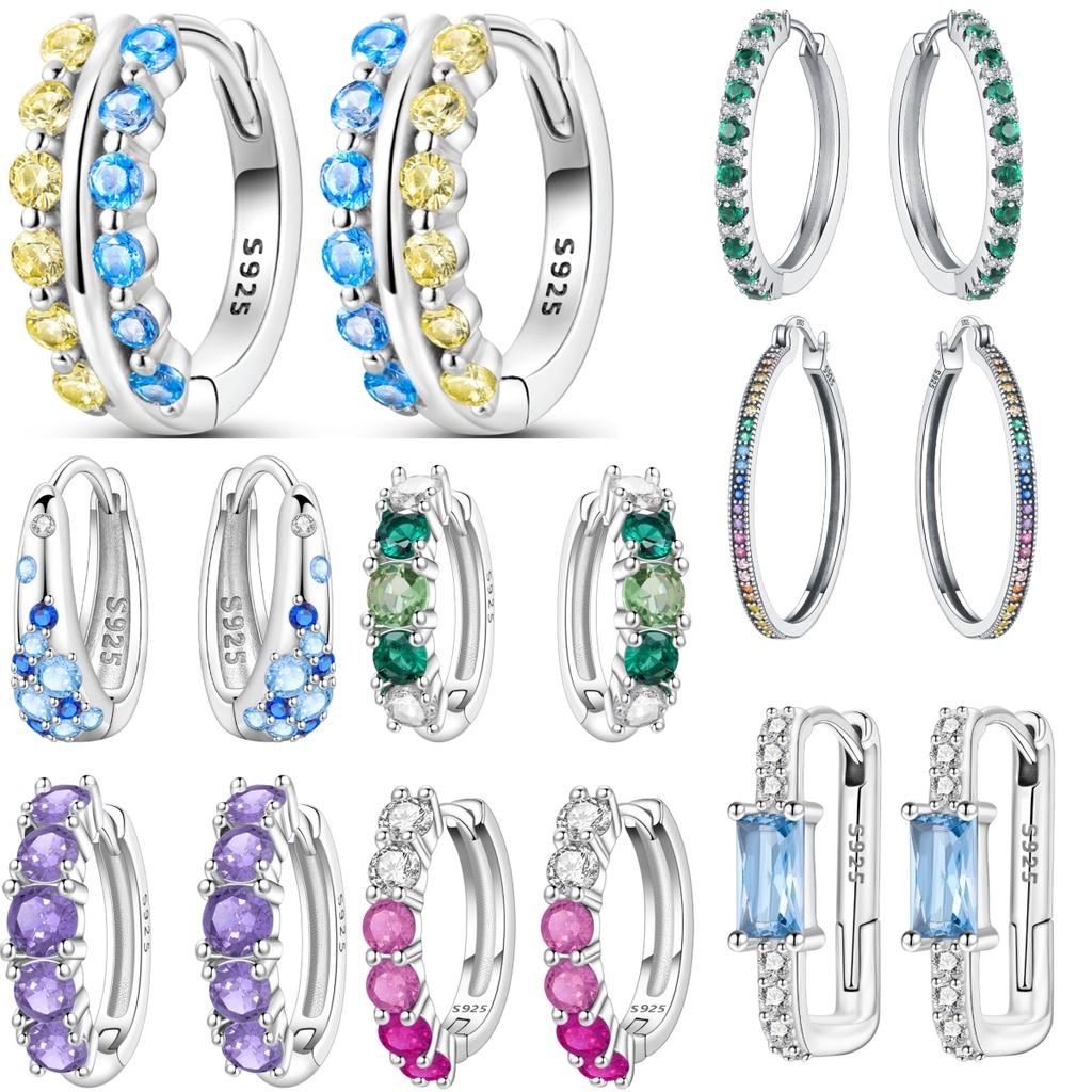 Orstarry S925 Silver Hoop Earrings Sparkling Blue Yellow Zircon Jewelry For Women Party Gifts