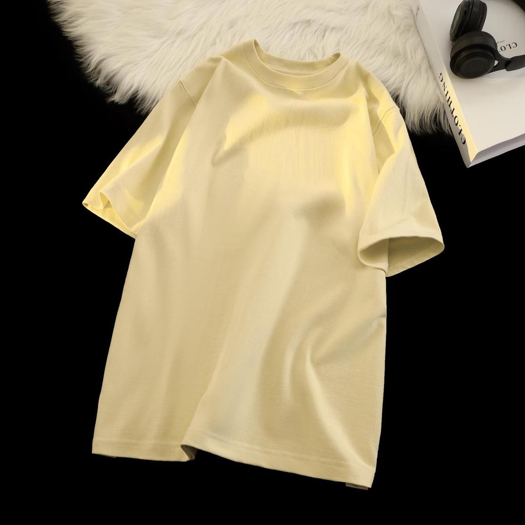 Unisex Japanese Retro Solid Color Round Neck T-Shirt, 300g Heavy Pure Cotton, Casual Short-Sleeve Design.