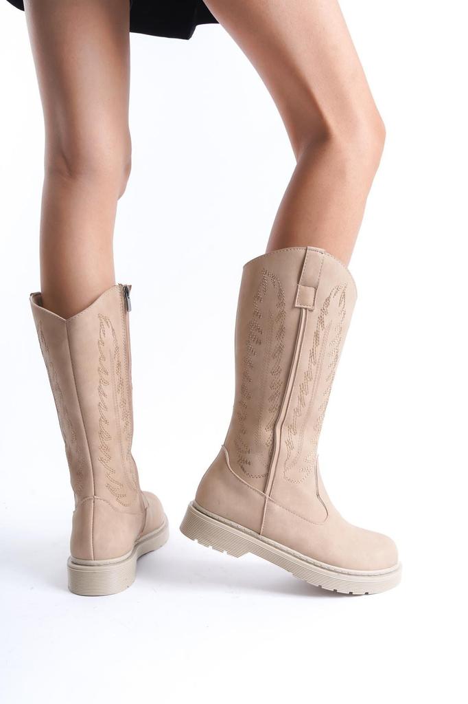 Moderne, stilvolle Mode-Stiefel für Damen, Kunstleder, hellbraun, matt, bestickter Reißverschluss, Western-Cowboystiefel