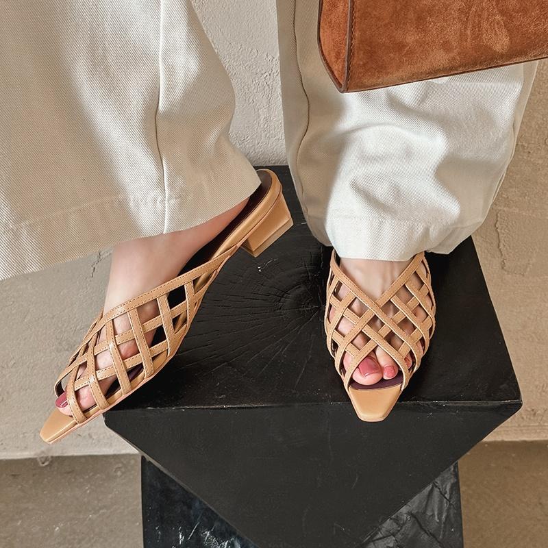 Fashion 2025 Summer Women Genuine Leather Sandals Brand Narrow Slingback Sandals Open Toe Low Heel Shoes Woman Sandalias Slides Women