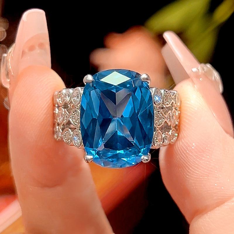 Jewelry Copper Bottom Gold-Plated Simulation Red Corundum Blue Spinel Cut Premium Ring Women 12 * 16