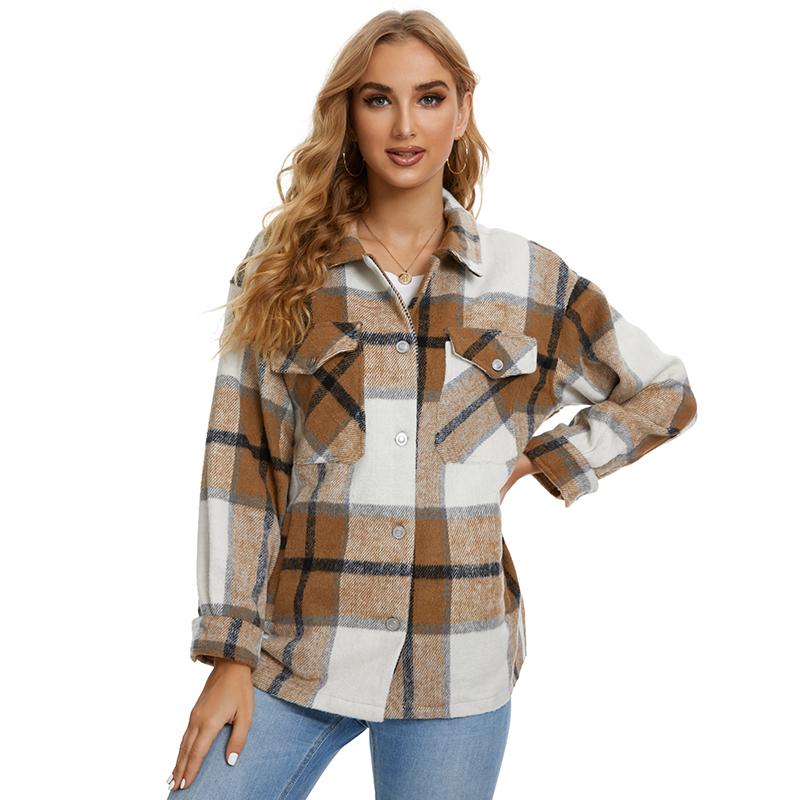 Ropa de abrigo holgada, chaqueta a cuadros, bolsillos elegantes Vintage, abrigo de manga larga de gran tamaño, cuello de solapa para mujer
