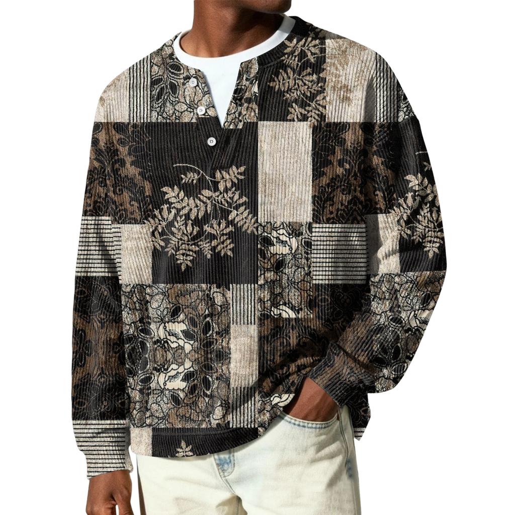 Męski sweter z dzianiny prążkowanej z długim rękawem, z kołnierzykiem zapinanym na guziki