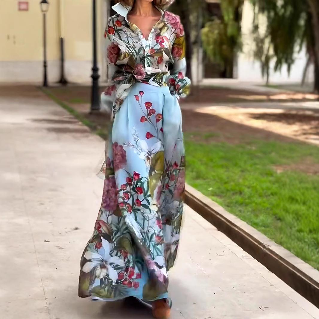 

Women s Sets Printed Elegant Romantic Resort Style Strappy Waist Long-sleeved V-neck Shirt Long Skirt Clothes Sale S синий