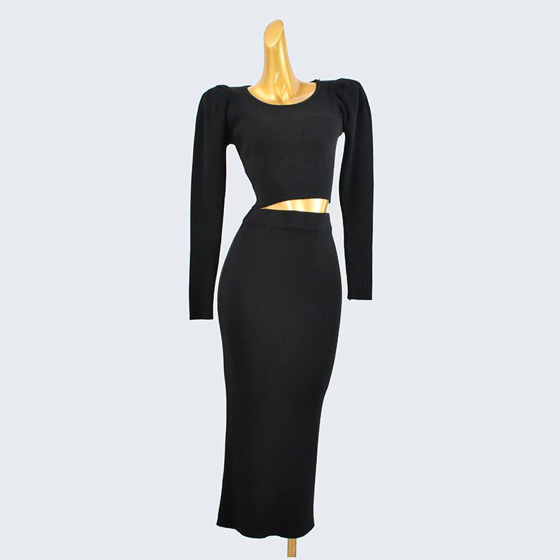 Thick Round Neck Bubble Long Sleeve Short Bottoming Shirt Elastic Waist Mid Length Long Length Solid Color Rib Fabric Back Slit Two-piece Set Pack
