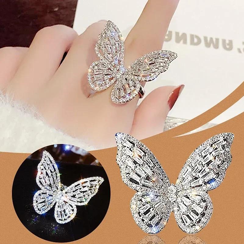 Trendy Hollowed Out Sparkling Butterfly Adjustable Women s Ring Fashion Exaggerated Party Index Ring Personalized Jewelry resizable