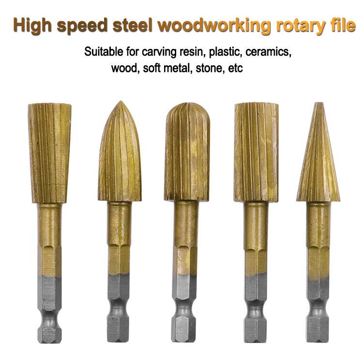5-Piece High-Speed Steel Woodworking Rotary File Set - 6.3mm Hex Shank, Irregular Shape Files