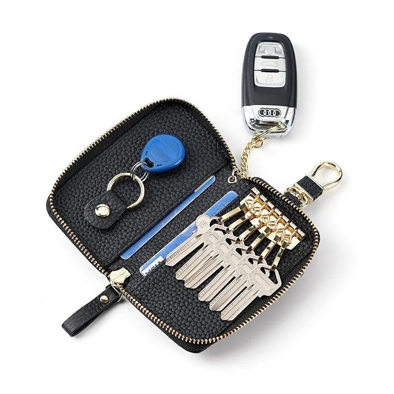 Men Genuine Leather Key Wallet Card Keychain Cover Zipper Card Holder Wallet Keys Organizer Large Capacity Household Key Bag