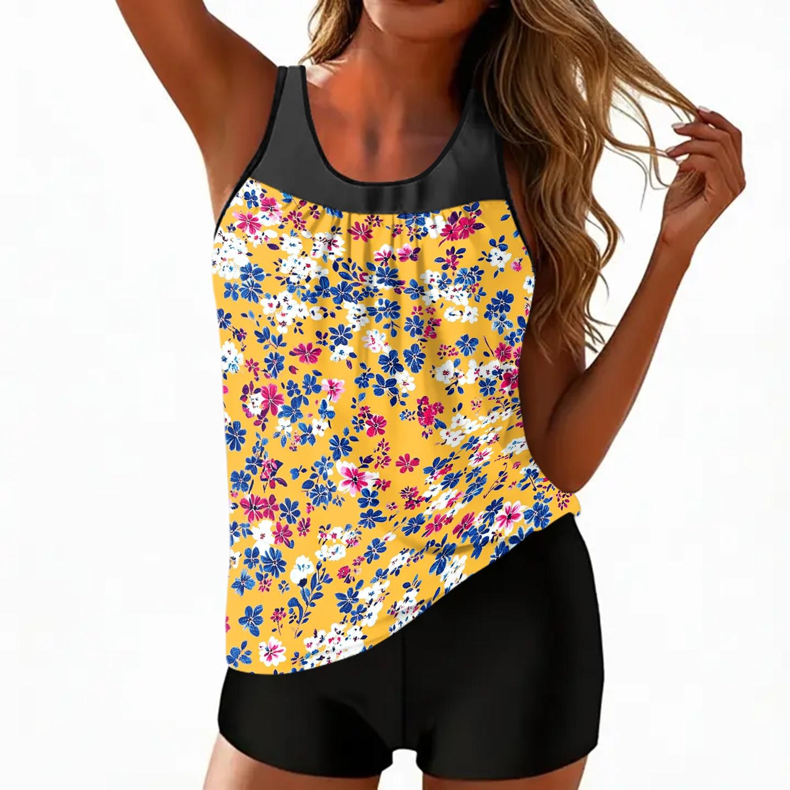 

Women’s Sleeveless Printed Tankini Top and Shorts Set Lightweight Relaxed Fit Swimwear for Outdoor and Indoor Activities S жёлтый