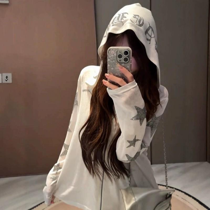 Giacca da Donna Oversize con Cappuccio e Decorazioni di Strass a Stella 3D, Leggera, Manica Lunga, Top da Esterno