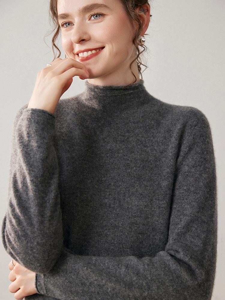 Ribbed Cashmere Half-High Neck Sweater - Women's Autumn/Winter Fashion Loose Knit Pullover