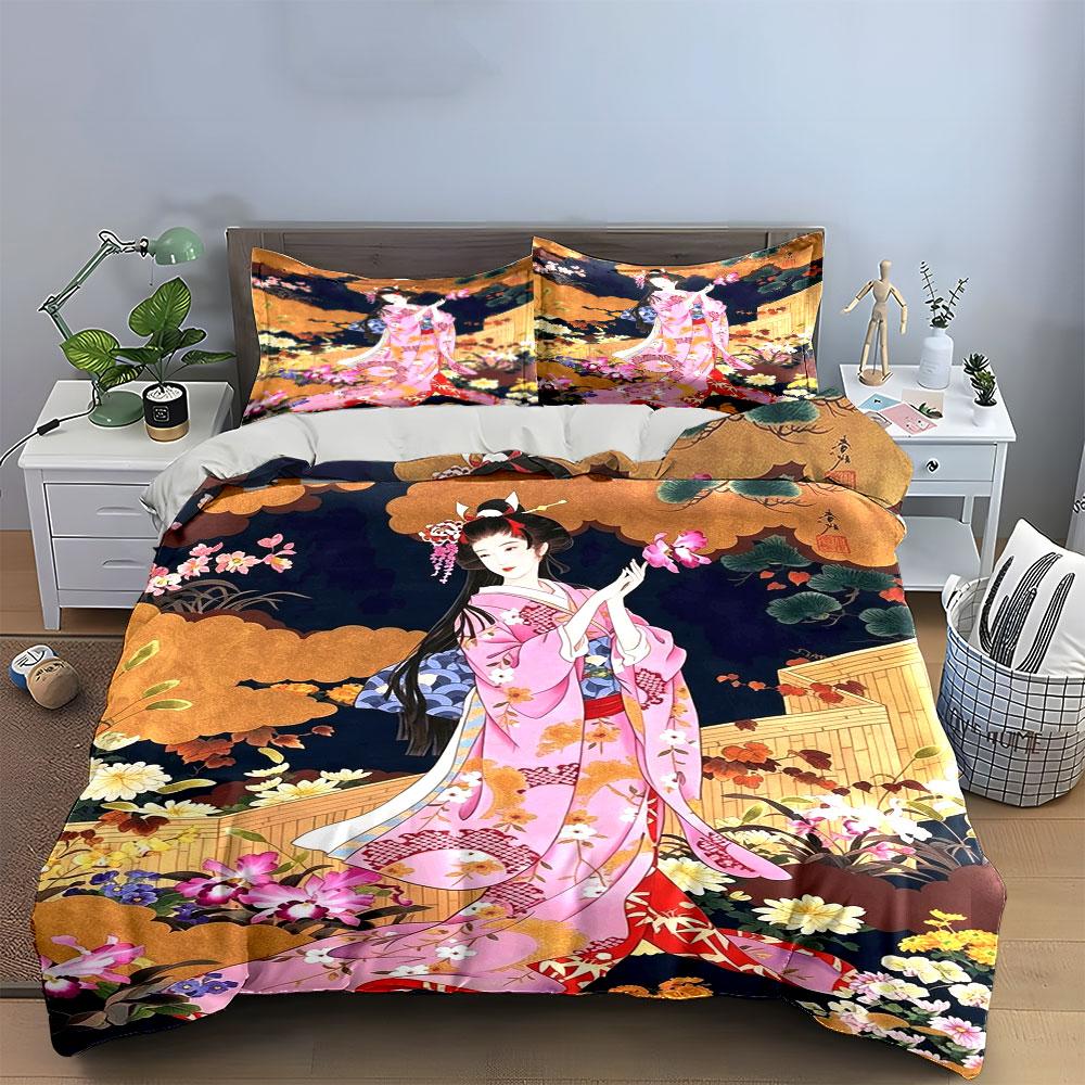 Japanisches Ukiyo-e Rosa Kimono Geisha Floral Bettwäsche-Set 3tlg. Vintage Orientalische Dame Orchideen-Druck 1 Bettbezug und 2 Kissenbezüge
