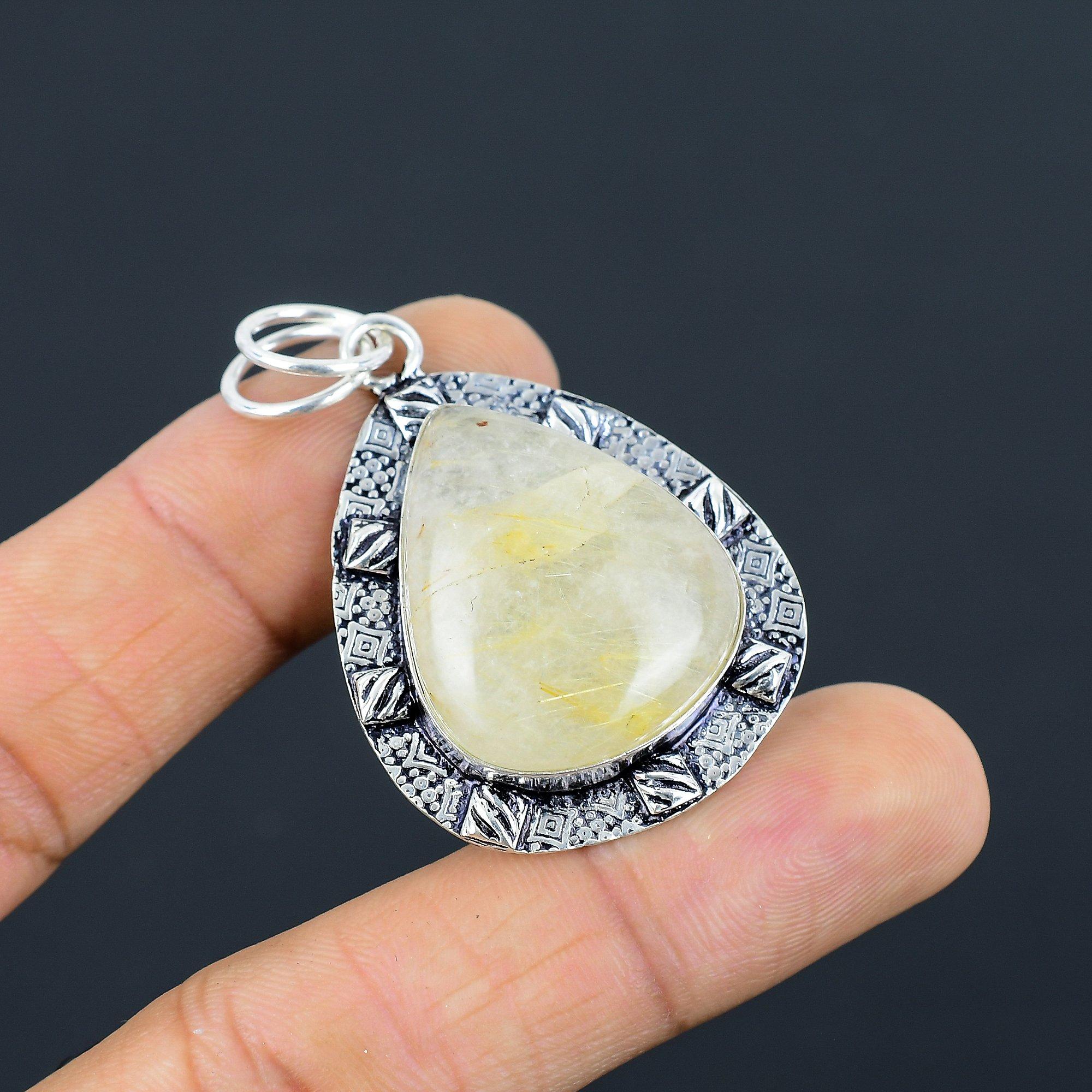 

Mothers day Sale Golden Rutile Stone 925 Sterling Silver Wedding Sister Pendant