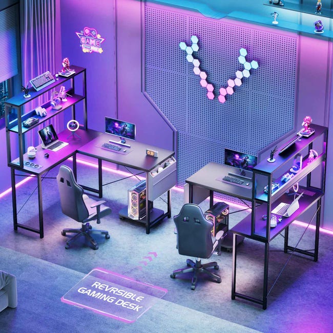 135 cm L-Shaped Desk with LED Lights and Power Outlets, Double Gaming Desk with Shelves, PC Stand, Hooks, and Storage Bag for Home Office