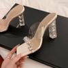 Fashion Pvc Transparent Crystal High Heels, Sexy Rhinestone Sandals, Thick-Heeled Fairy Square Toe Flip-Flops Worn Outside