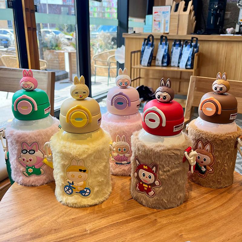 Tasse Thermos Double Boisson avec Paille Couvercle de Tasse à Boire Directement Mignonne Tasse à Paille Étudiant Tasse à Eau Portable