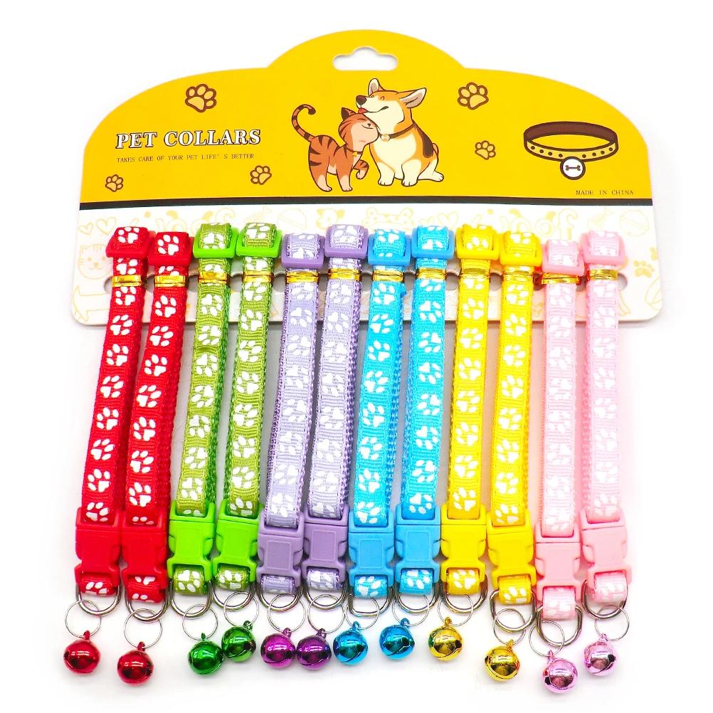 12Pcs Mix Color Anti-Lost Dog Collars Pet Cat Puppy Buckle Collar with Bell 6 Colors Footprint