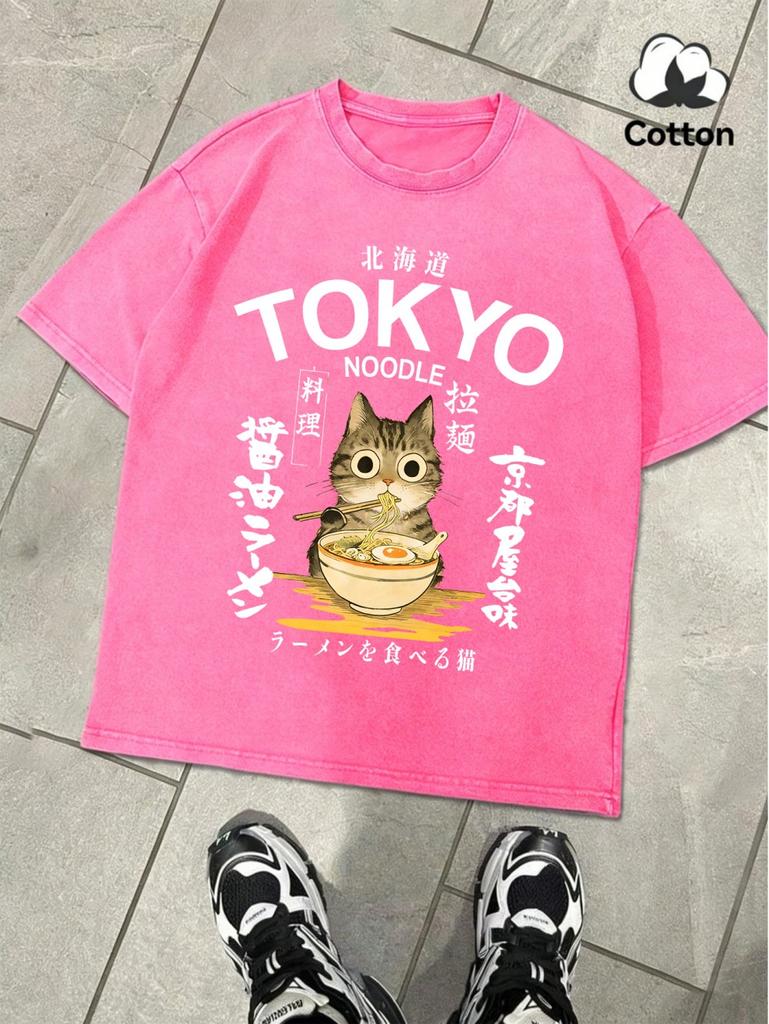 Noodles Cuisine In Tokyo Prints Washed TShirts Mens Oversize Cotton T Shirt Summer ONeck Short Sleeve Tops Basic Male Clothes