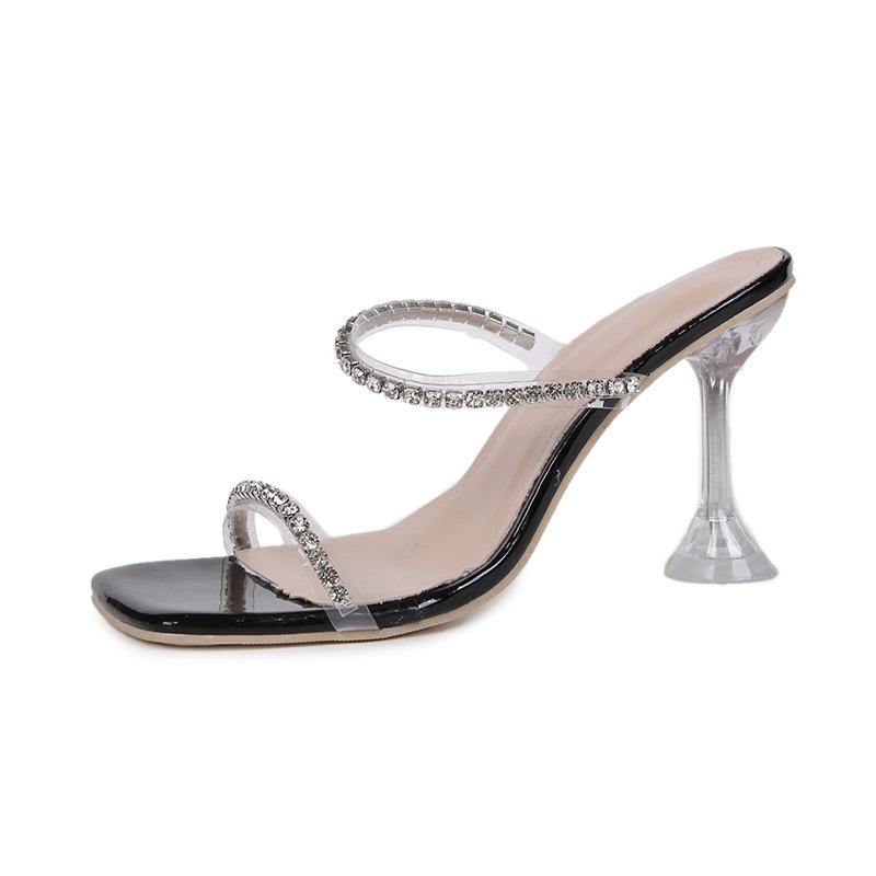 New Transparent High Heels Square Head Stiletto One-word Diamond with Cool Slippers Wine Glass Heel