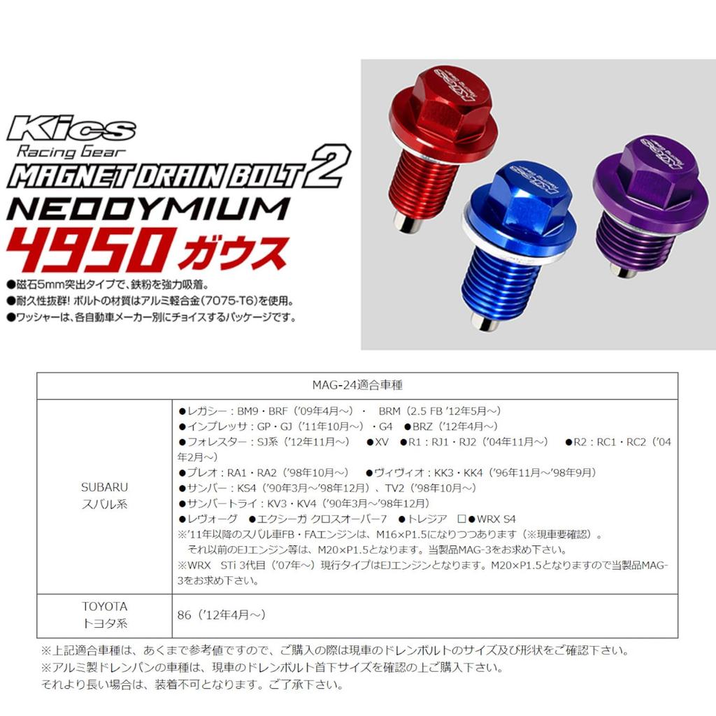 KYO-EI MAGNET DRAIN BOLT2 Magnetic Drain Bolt, 14HEX M16 X P1.5, Lower Neck 0.6 Inches (14 Mm), MAG-24 Purple