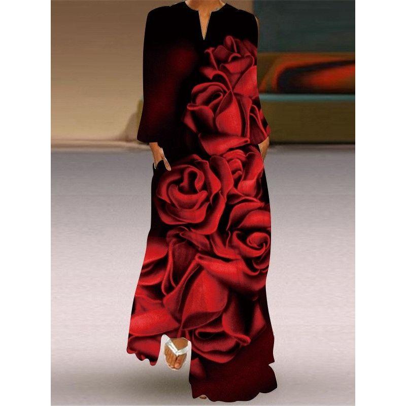 2025 Spring and Summer Fashion New Women's Retro Butterfly Print Long Dress Chiffon V Neck Long Sleeves Pocket Dress