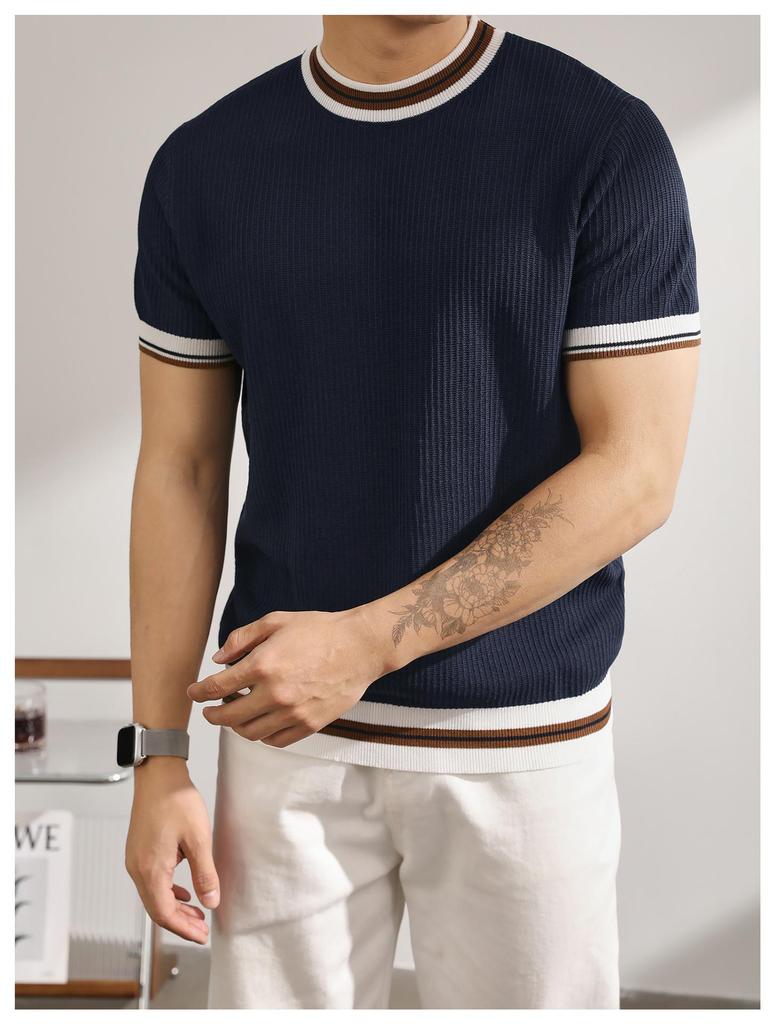 Summer Men's White Striped Short-Sleeve Knit Top