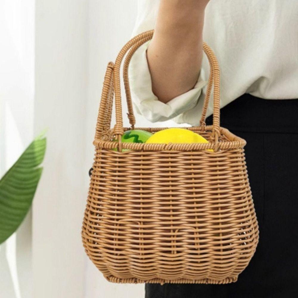 Brown Rattan Hand-Woven Carrying Basket Handmade Fruit Basket Bunny Easter Woven Basket  Restaurant